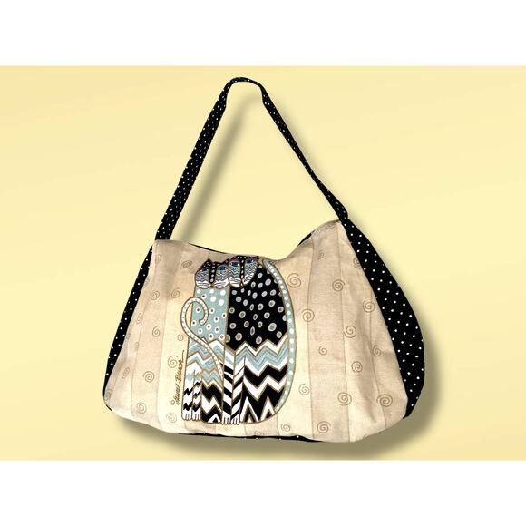 Laurel Burch Cats Shoulder Bag Cream Canvas Black With White poka Dots - Picture 1 of 11